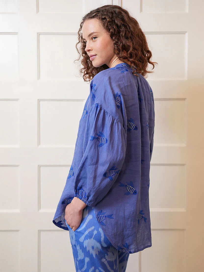 nimo with love Sassafras Blouse Fish on blue