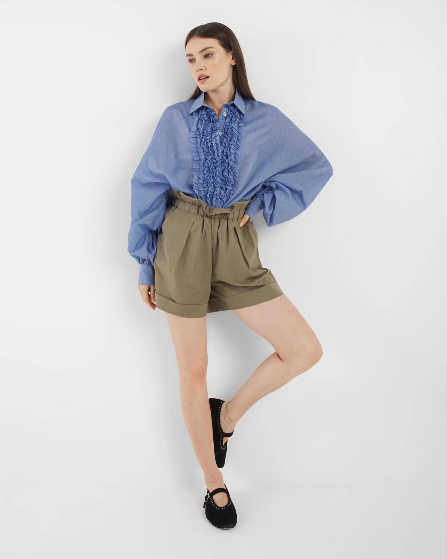 SOSUE Bluse ANTONIA SLIM RUFFLE denim