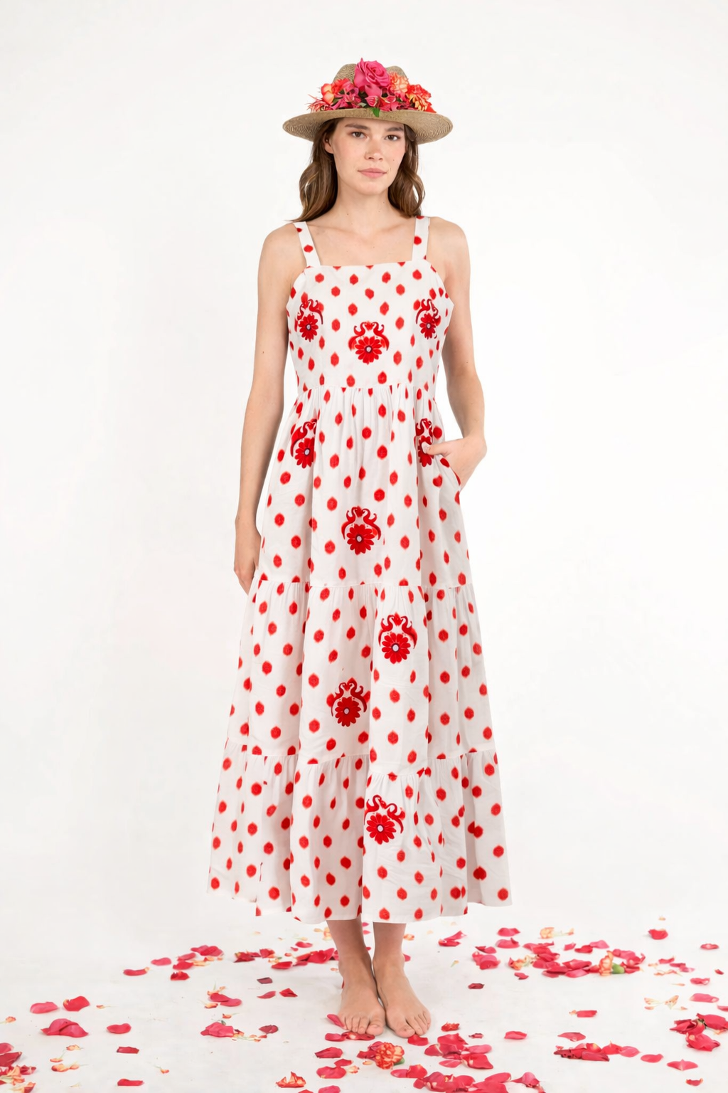 NIMO WITHLOVE Cornflower Dress Red Dots/Birds emb.