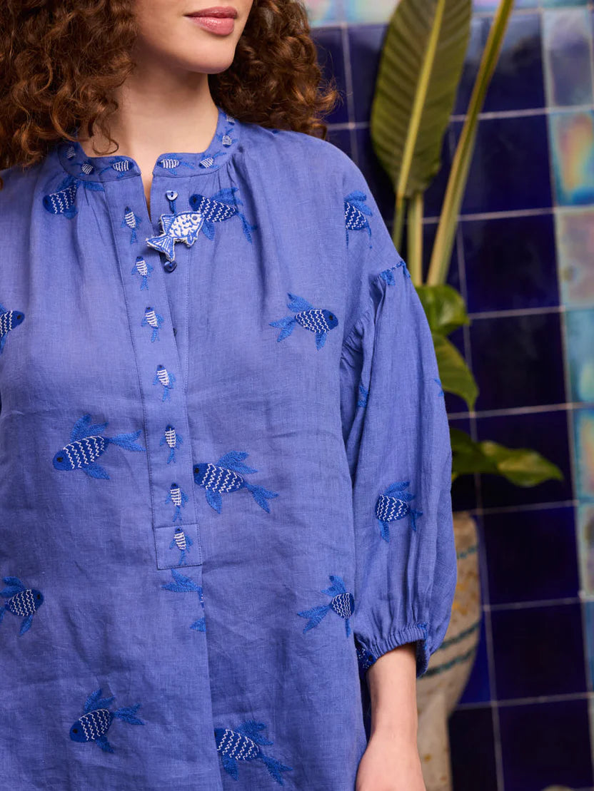 nimo with love Sassafras Blouse Fish on blue