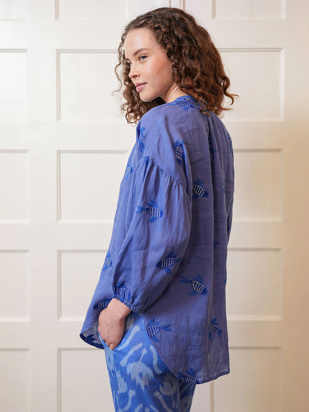 nimo with love Sassafras Blouse Fish on blue