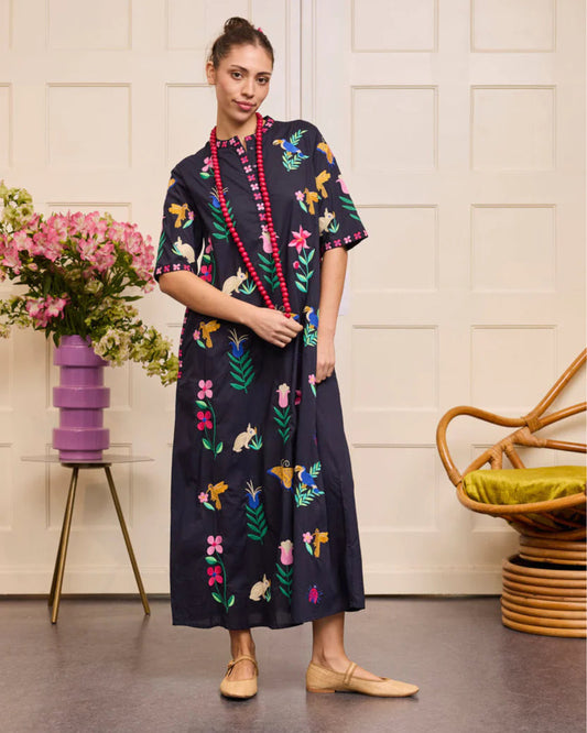nimo with love Cassia Dress mexican embroidery on navy